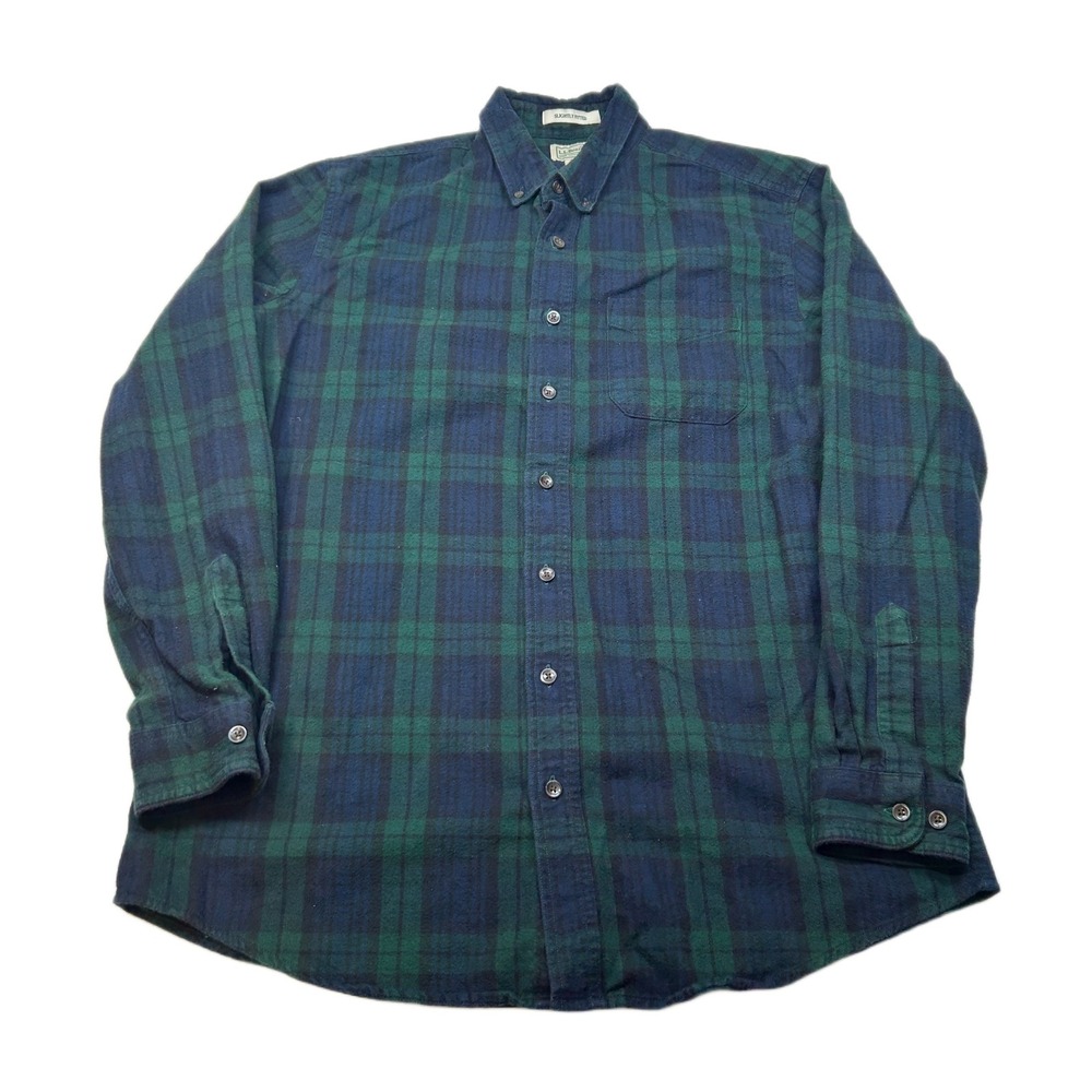 L.L.Bean Flannel Shirt Mens‎ LT Large Tall Plaid Green Blue Slightly Fitted
